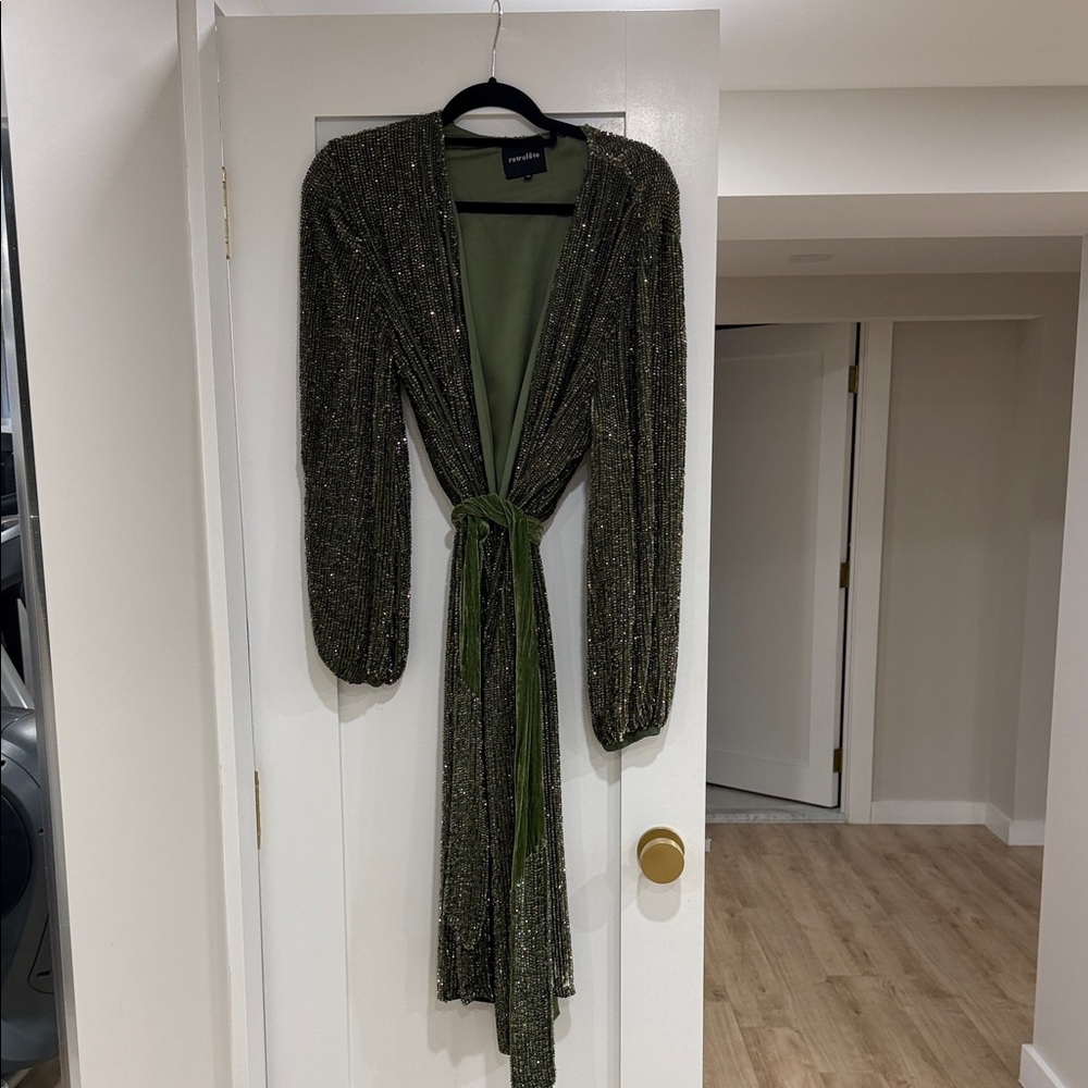 Retrofete Olive Green Metallic Wrap Midi Dress